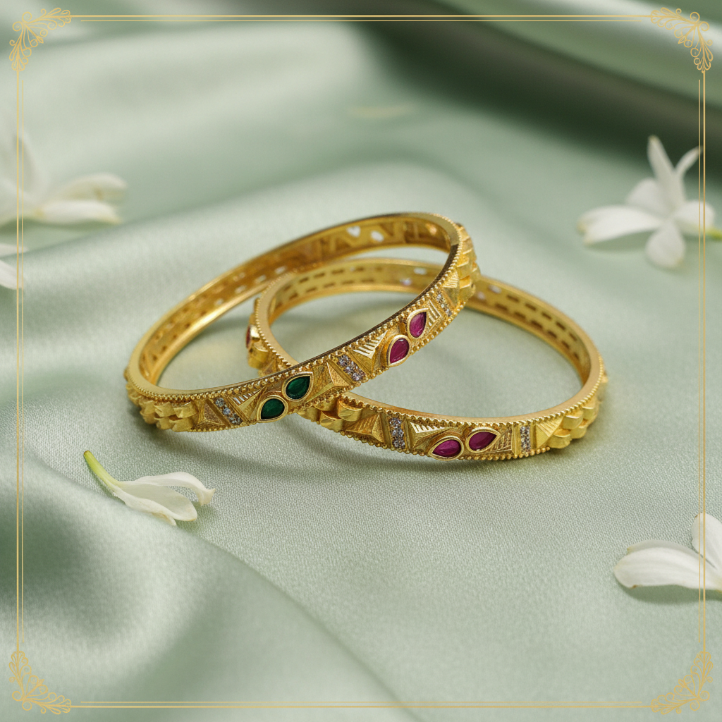 22k Gold Nakshi Bangles — Pyramid Repousse Meenakari — Luxury Editorial