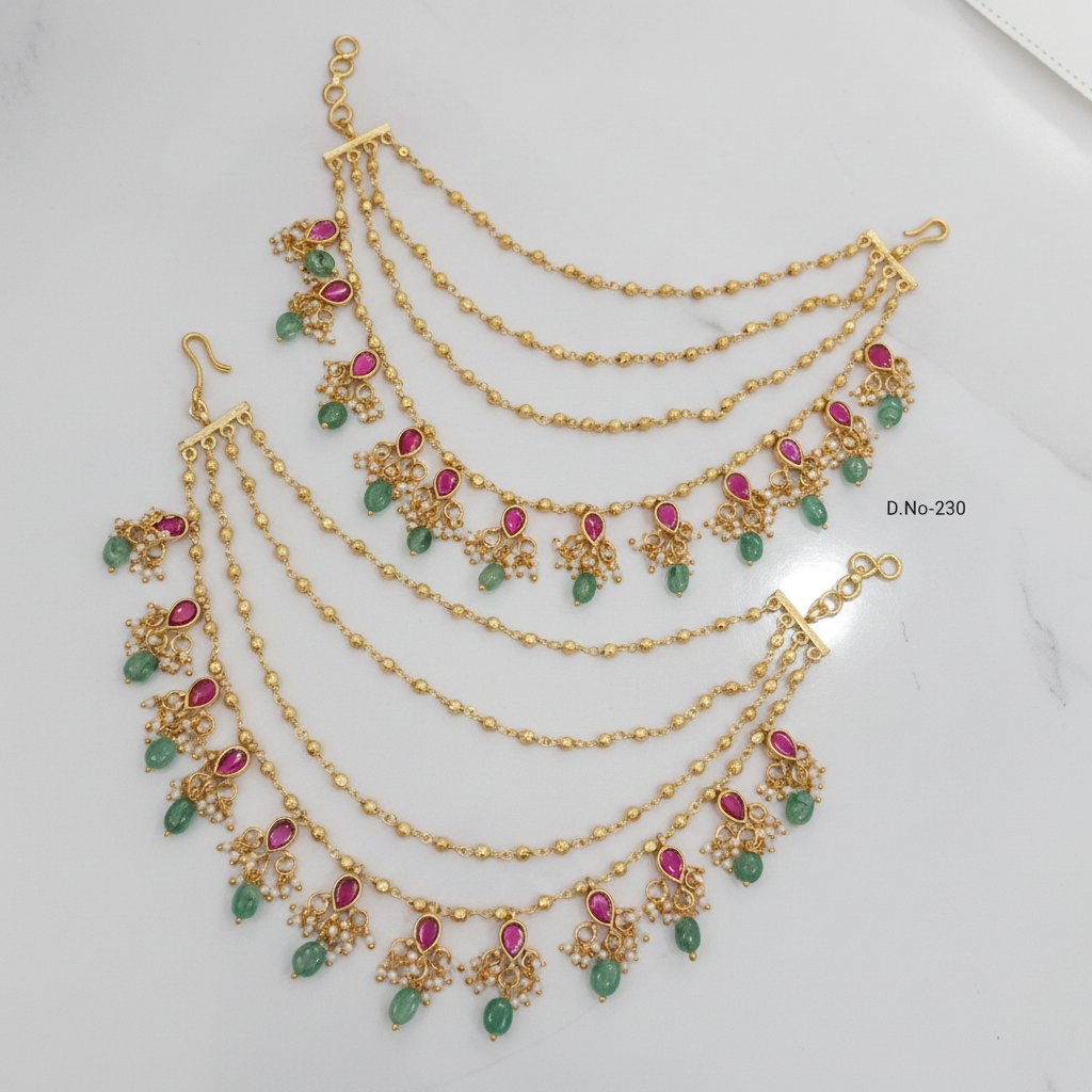 D.No-230 Kundan Gold Bead Ear Chains Premium Catalog