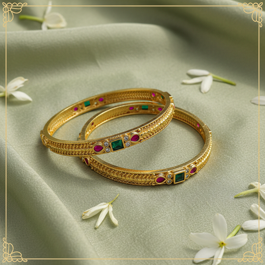 22k Gold Herringbone Nakshi Bangles — Emerald Ruby CZ Panels — Luxury Editorial