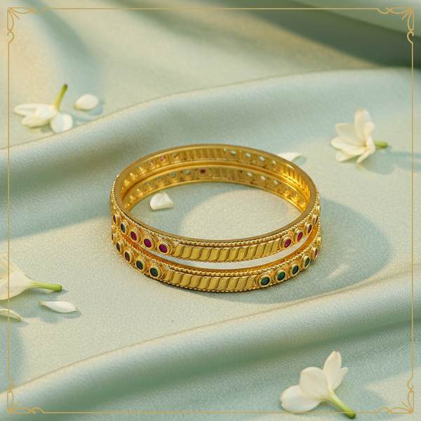 22k Gold Ribbed Nakshi Bangles — Ruby Emerald Cabochon — Luxury Editorial