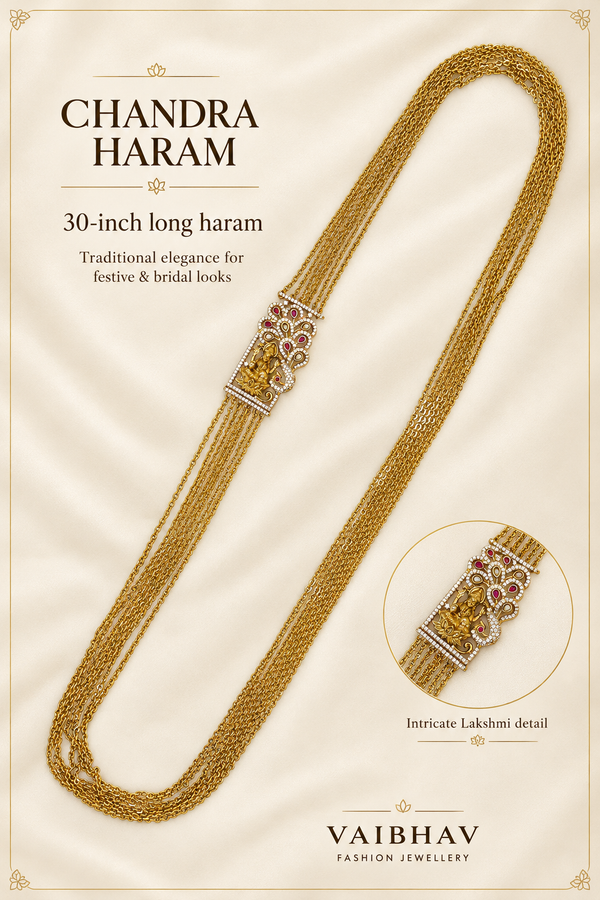 Chandra Haram product image with an ivory background, detail close-up and 30-inch length label