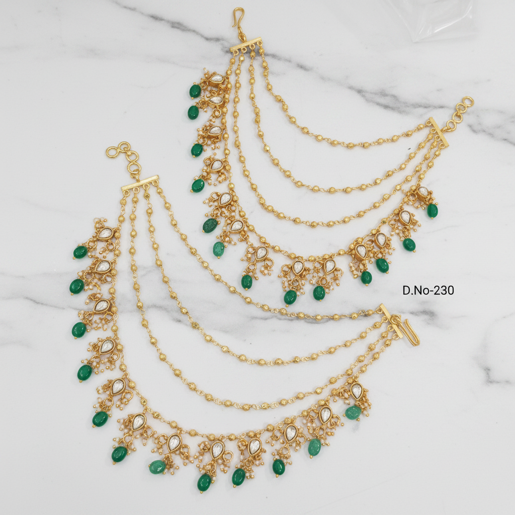 D.No-230 Polki Kundan Emerald Ear Chains Premium Catalog