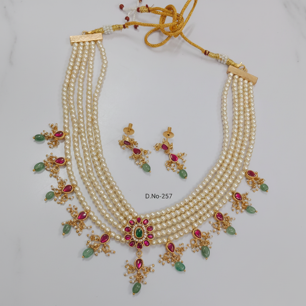 D.No-257 Pearl Choker Kundan Necklace Set Premium Catalog
