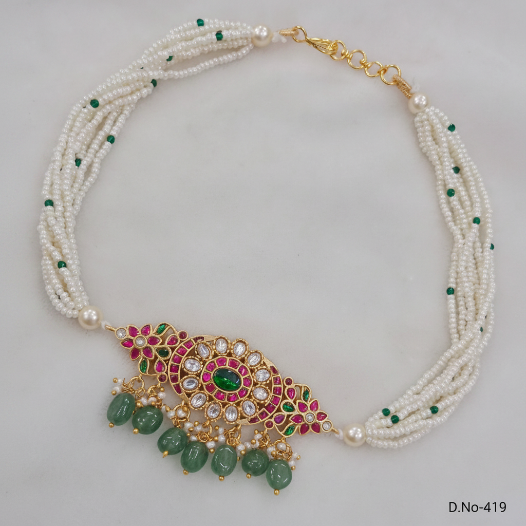 D.No-419 Kundan Side Pendant Pearl Necklace Premium Catalog