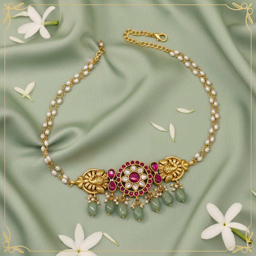 Jadau Mini Choker — Ruby Pink Temple Variant — Luxury Editorial