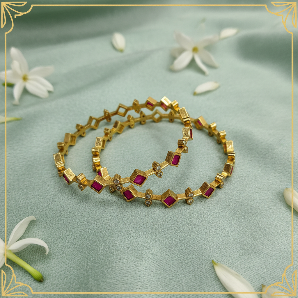 Modern Geometric 22k Gold Ruby Pink CZ Square Link Bangles — Luxury Editorial