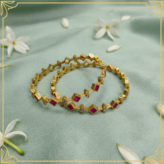Modern Geometric 22k Gold Ruby Pink CZ Square Link Bangles — Luxury Editorial