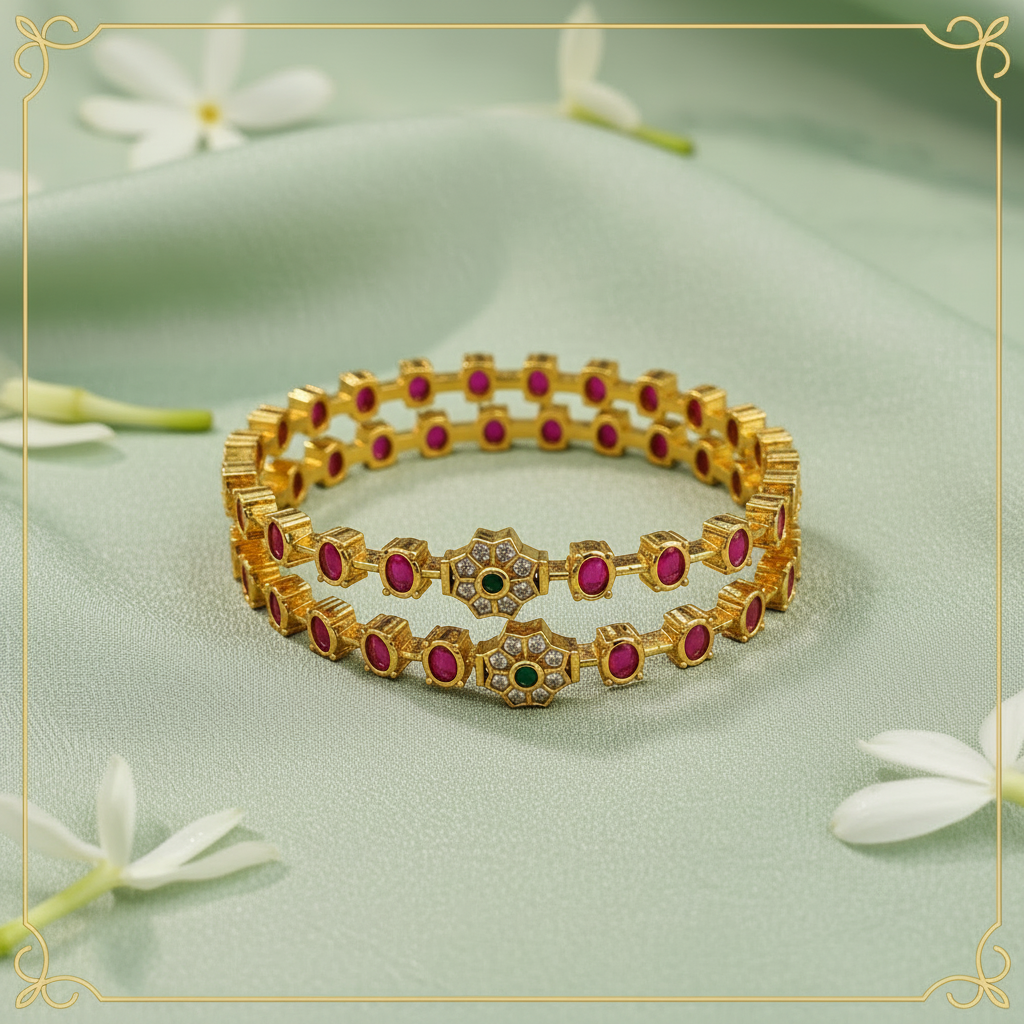 Slim 22k Gold Ruby Oval Station Bangles — 4 CZ Emerald Flower Motifs — Luxury Editorial