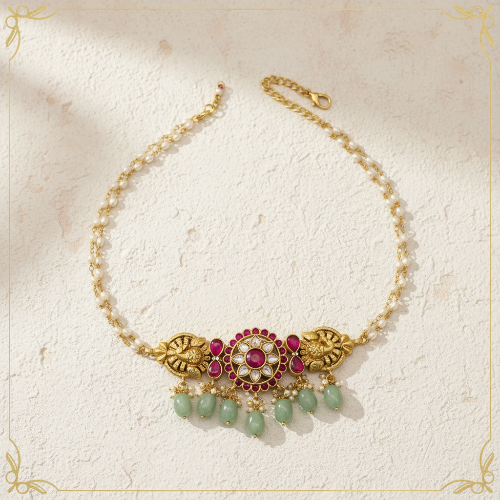 Temple Choker — Flat Lay on Ivory Surface