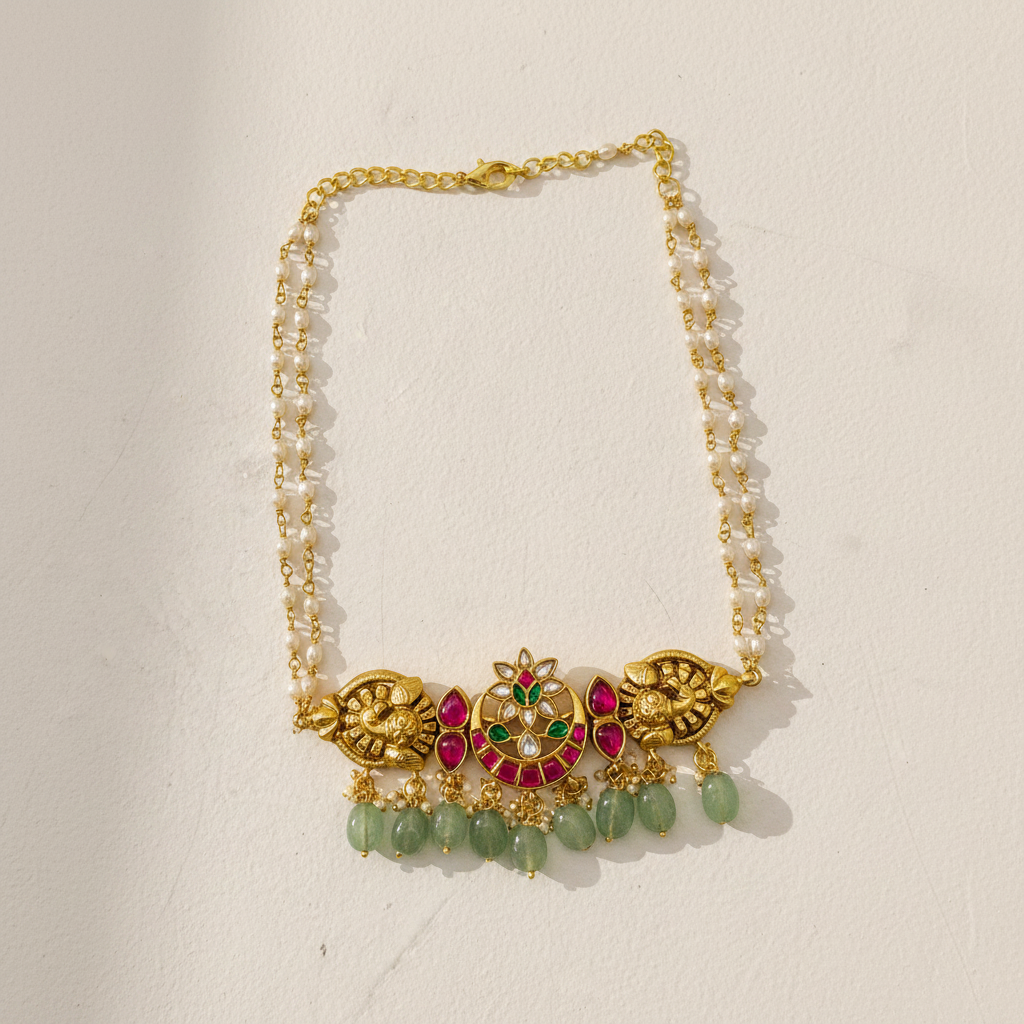 Temple Necklace — Flat Lay on Ivory Surface