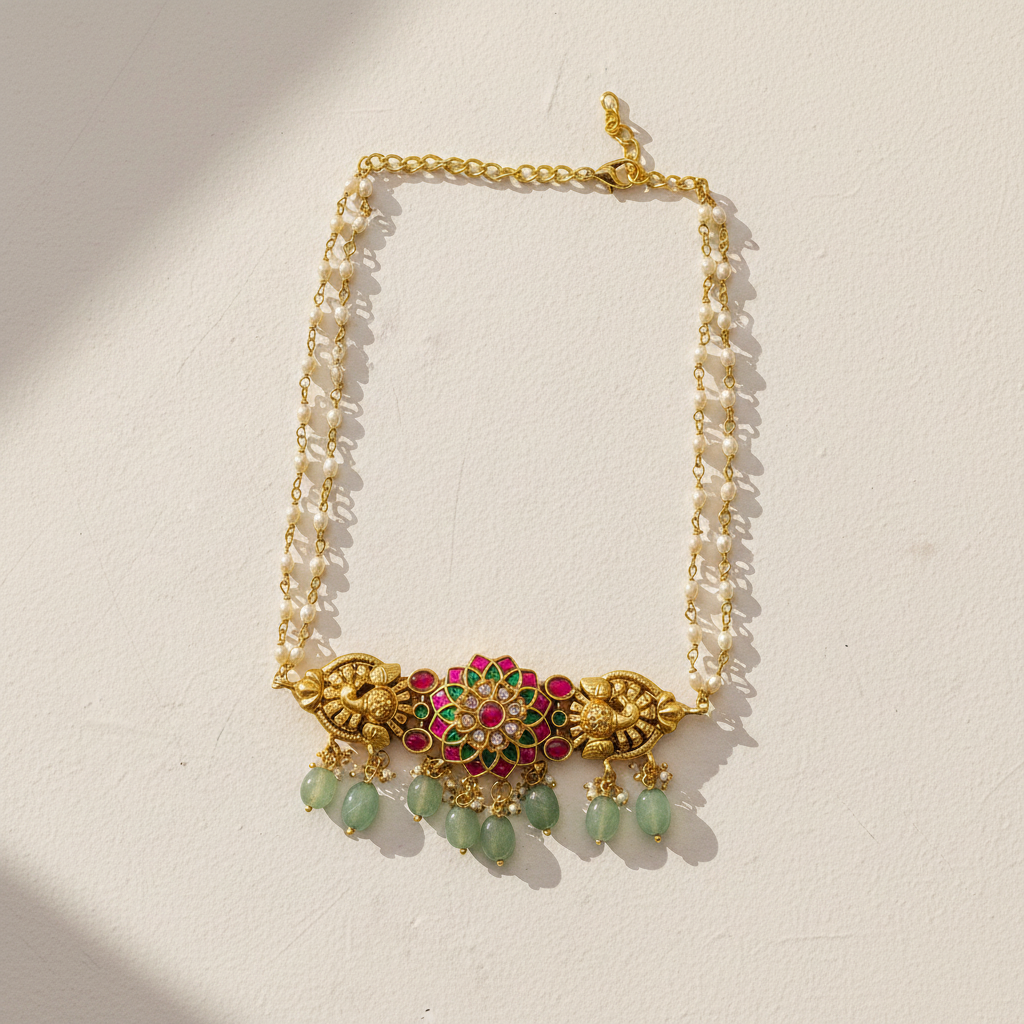 Temple Necklace Floral Kundan — Flat Lay on Ivory Surface