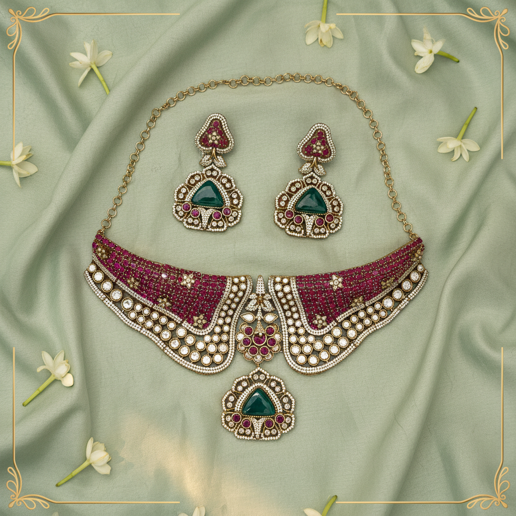 Victorian Moissanite Choker — Ruby Micro-Pavé Emerald — Luxury Editorial