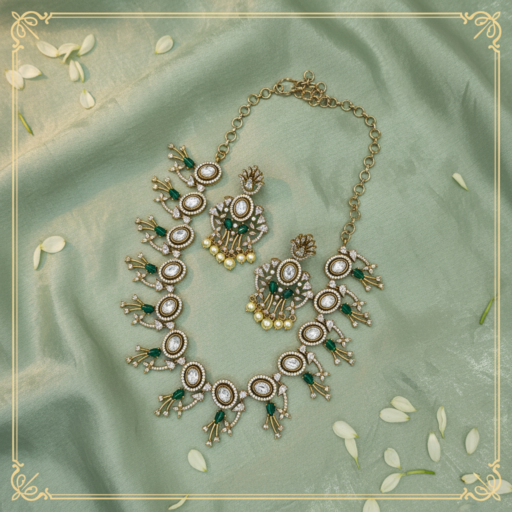 Victorian Moissanite Short Neckset — Emerald Green — Luxury Editorial