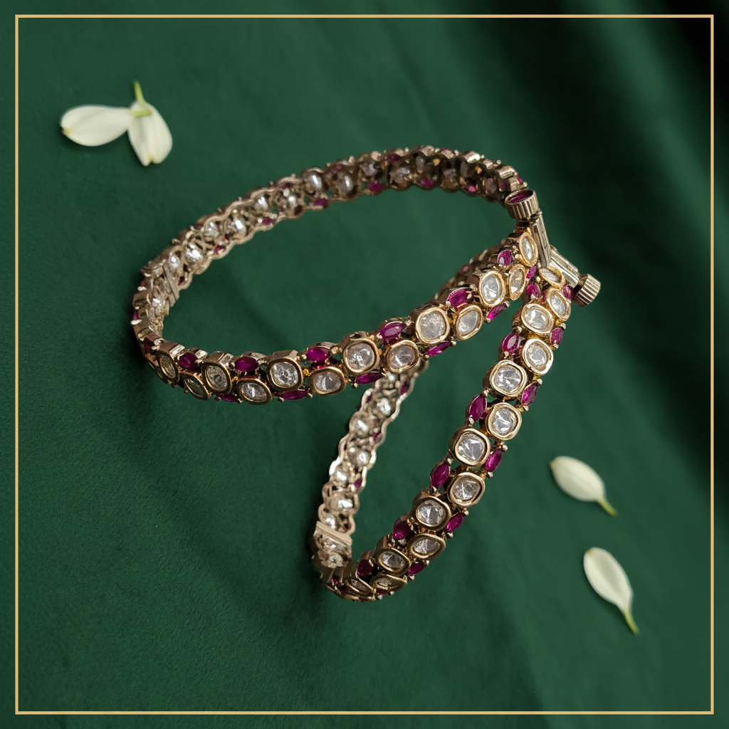 Victorian Ruby Moissanite Bangles — Deep Forest Green Luxury Editorial